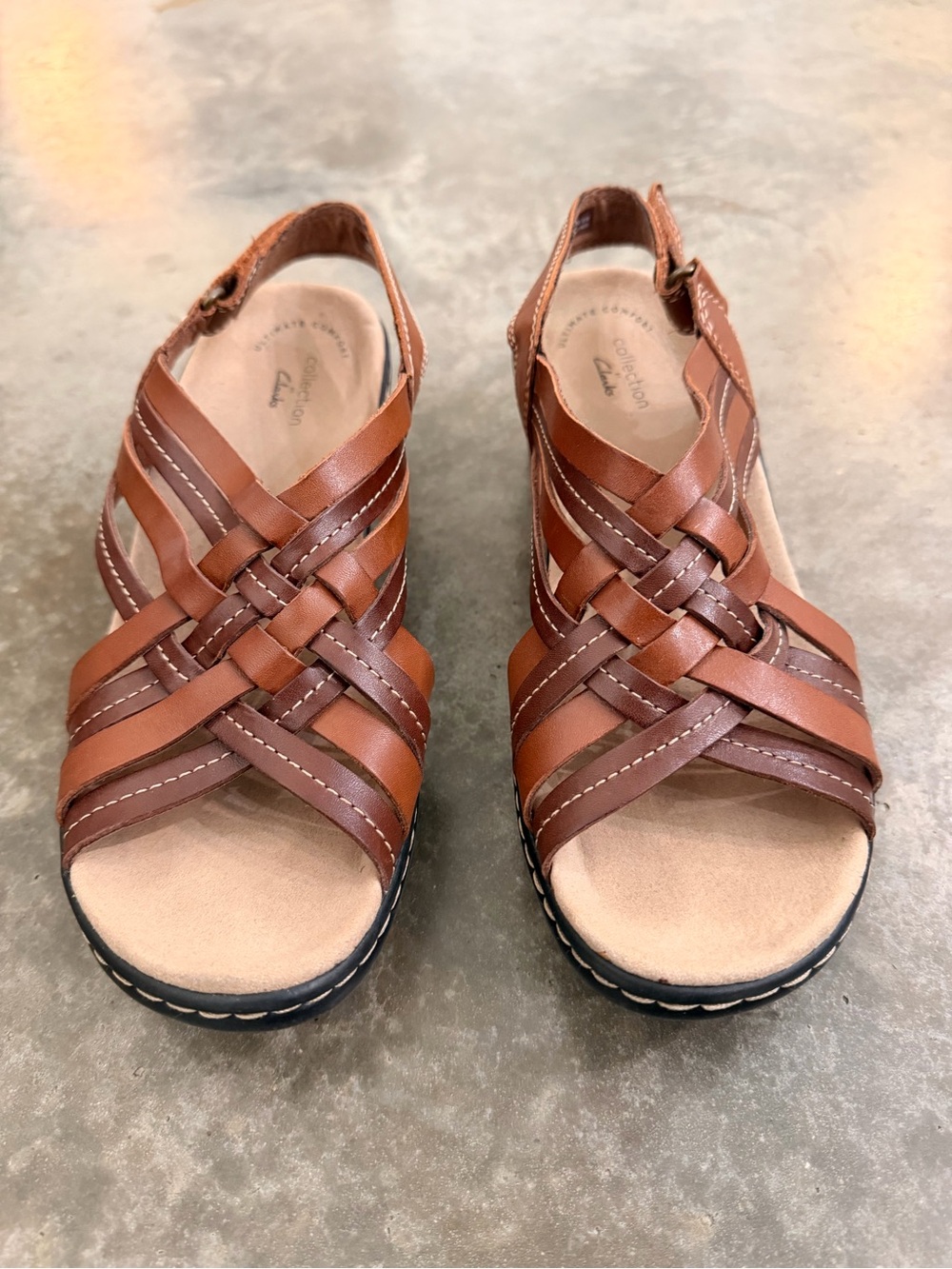 Clarks Lexi Carmen Brown Leather Strappy Comfort Wedge Sandals 8.5 Fall Autumn